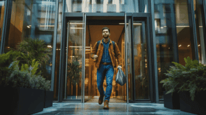 Employee leaving the office with their belongings in a bag