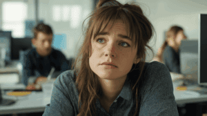 Burned out female employee at her desk in office