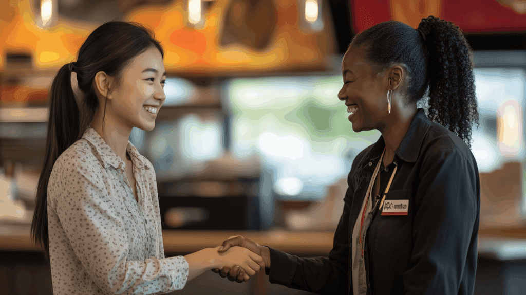 Female restaurant manager shaking hands with Asian female worker