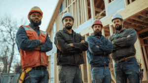Group of home building contract employees outside of a job site