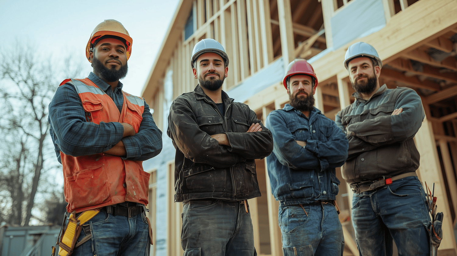 Group of home building contract employees outside of a job site