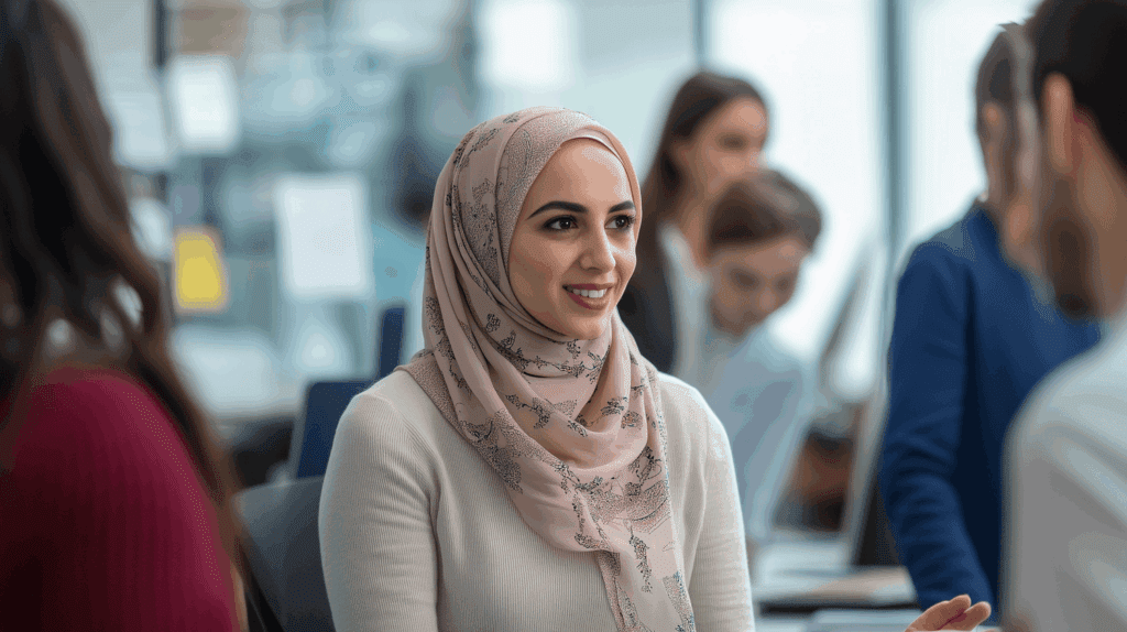 Female Muslim coworker at the office giving mentorship advice to coworkers