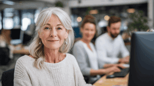 Senior HR Manager smiling at her desk