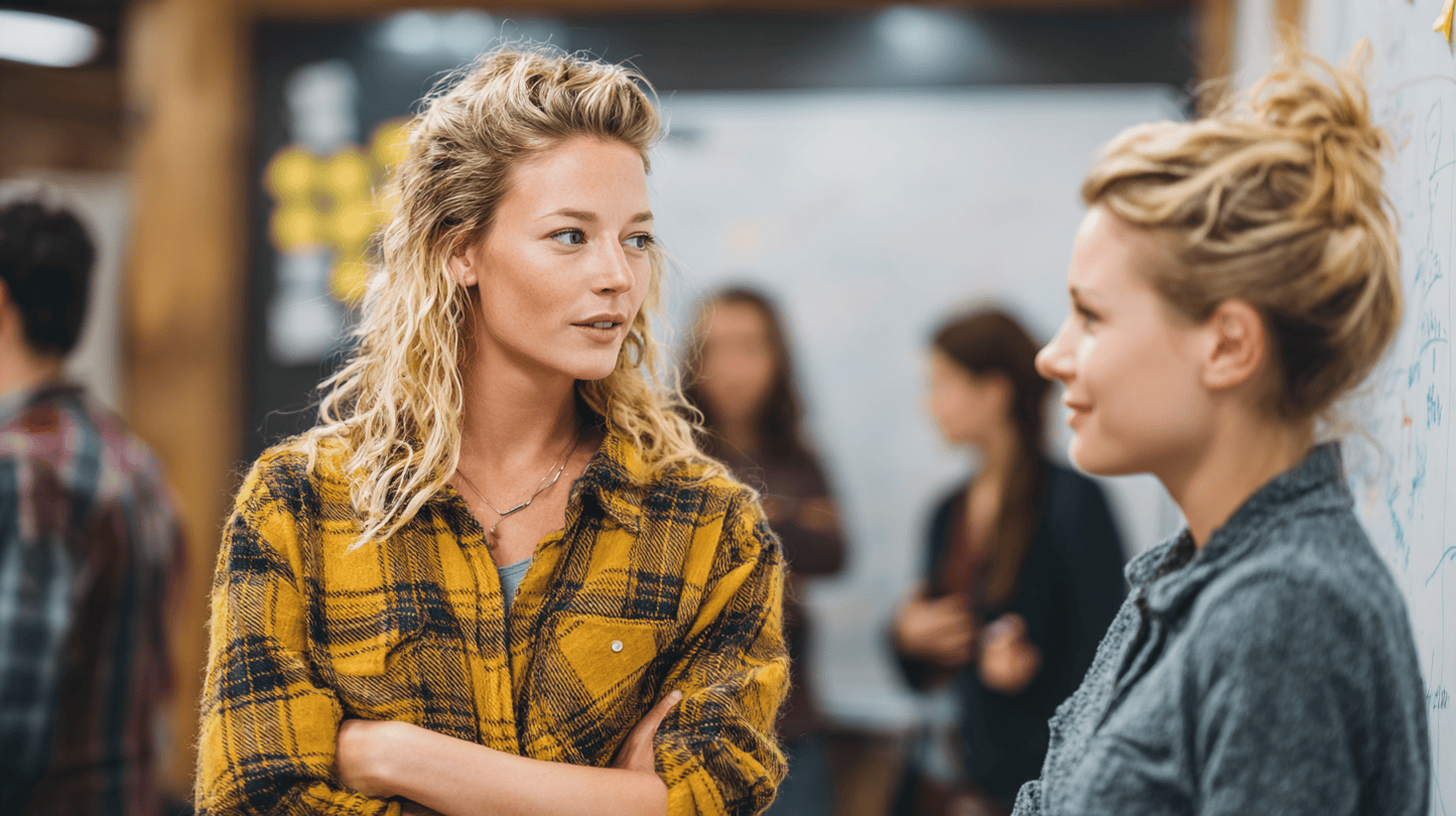 Two women in the office talking with each other