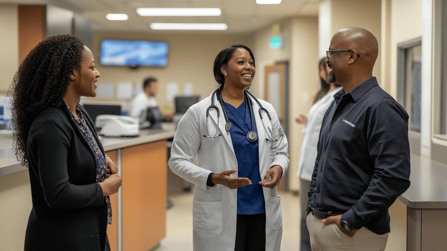 Colleagues chatting in a medical office