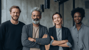 Colleagues standing together in an office setting