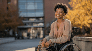 Black woman in wheelchair outside her job at a university