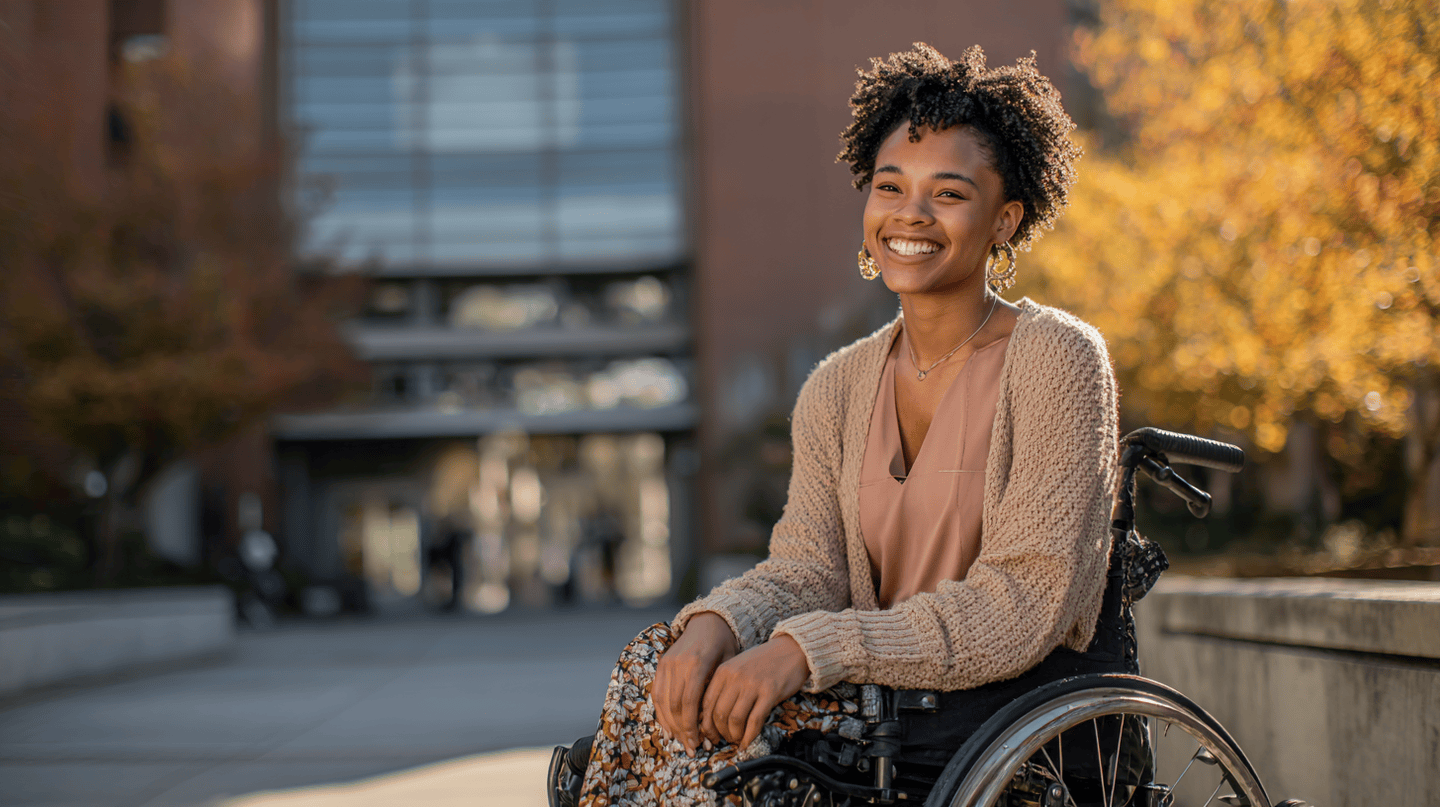 Black woman in wheelchair outside her job at a university