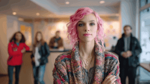 Unique employee standing in the office lobby with coworkers nearby