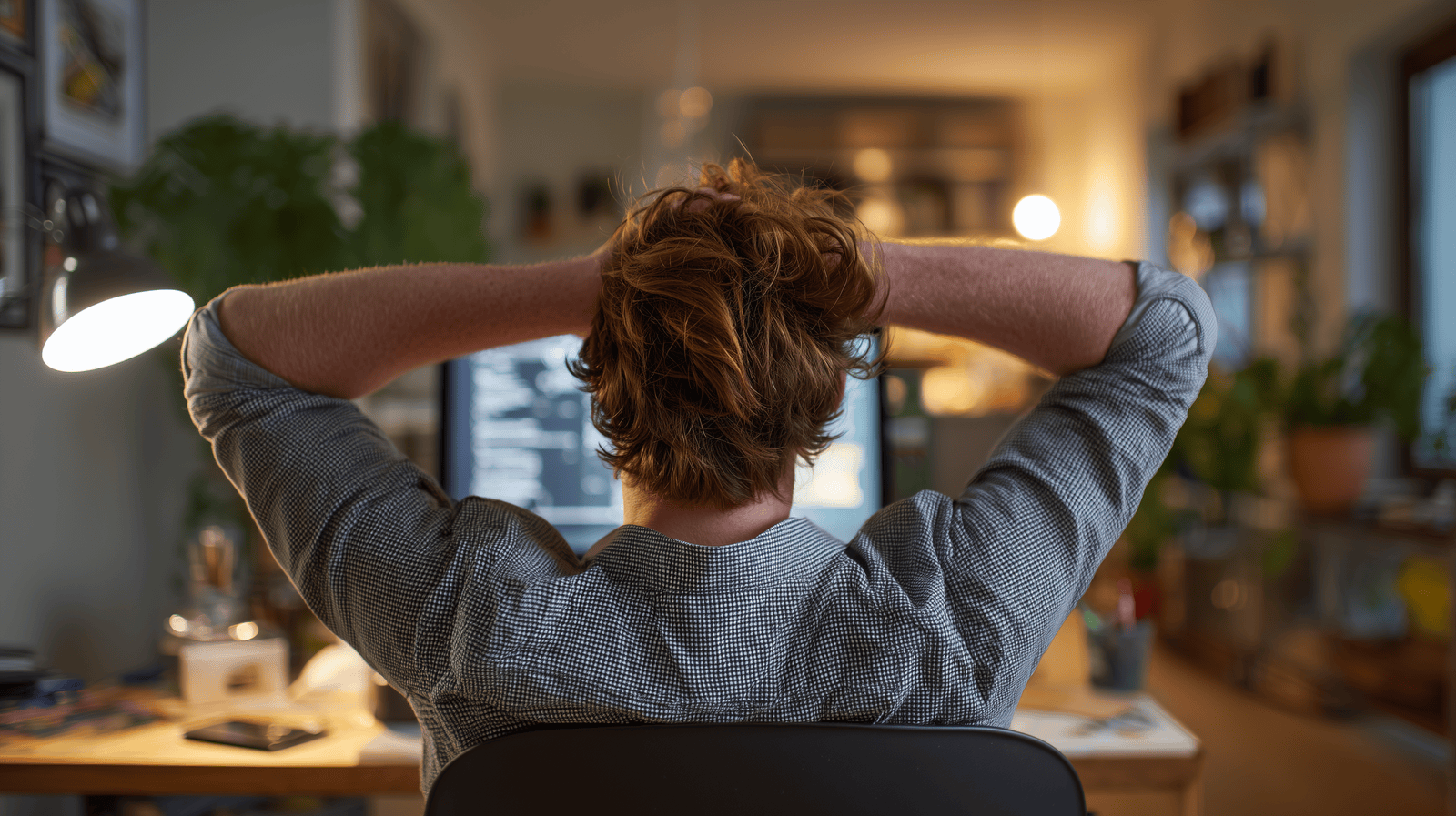 Employee at their home office computer scratching their head