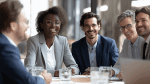 Employees in suits sitting around conference table