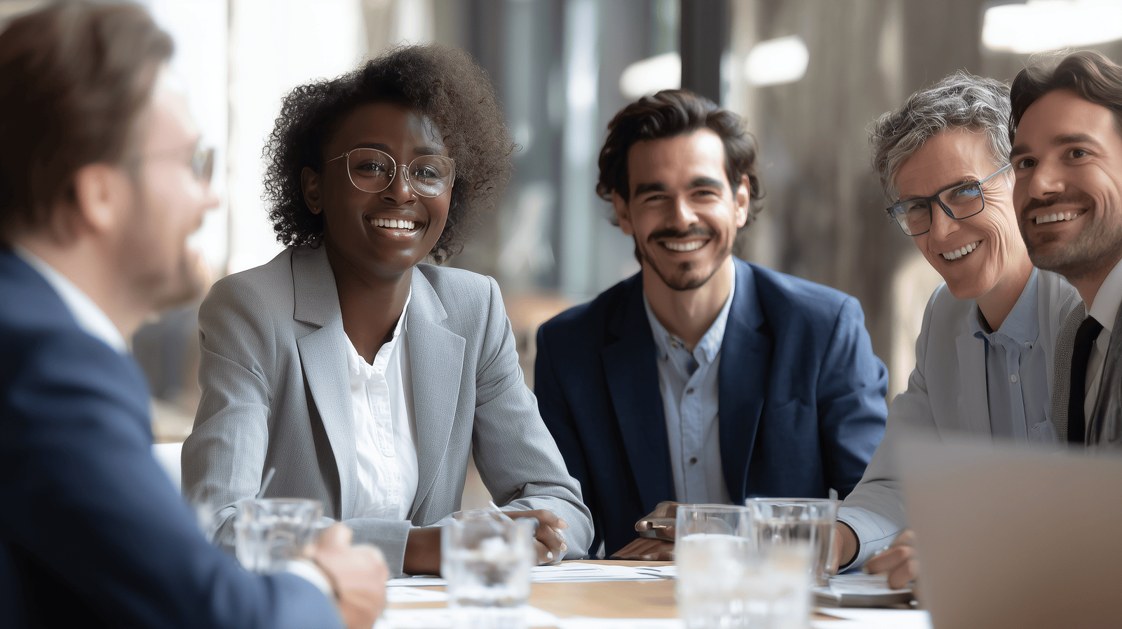 Employees in suits sitting around conference table