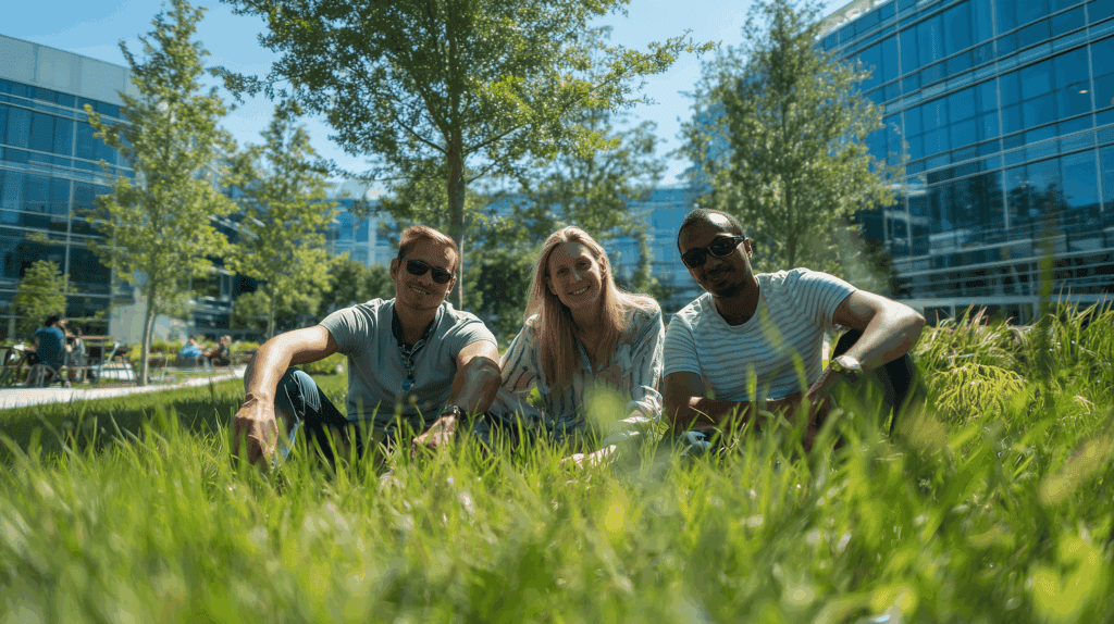 Employees sitting outside the office in the grass