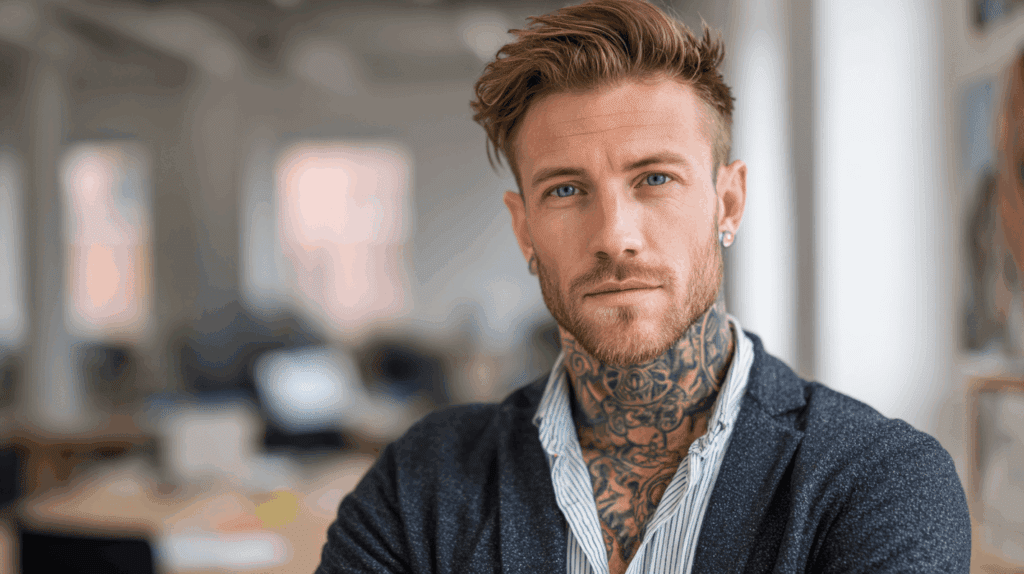 Professional man with tattoos standing in his office space