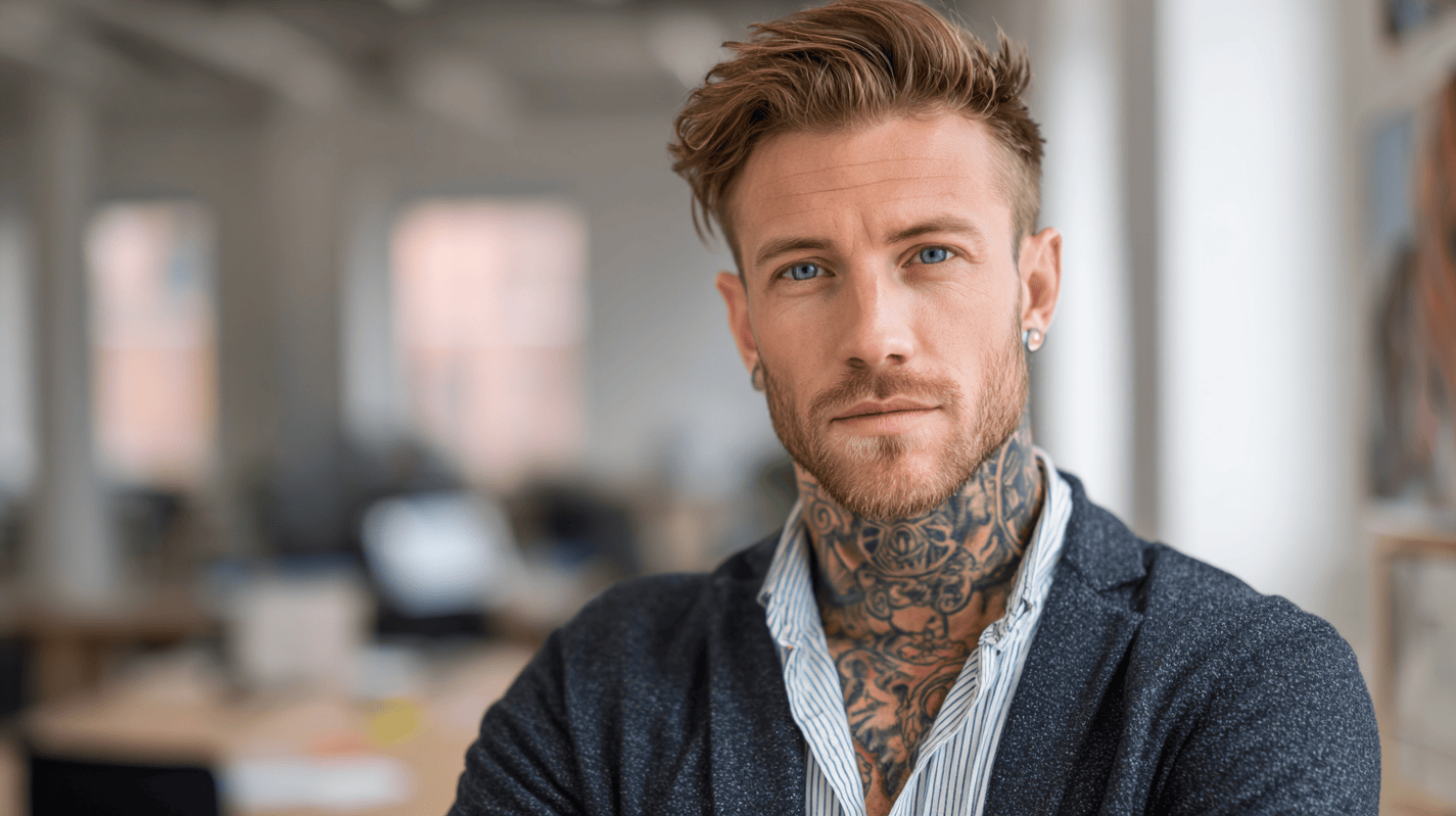 Professional man with tattoos standing in his office space