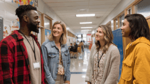 Teachers talking in hallway in a school