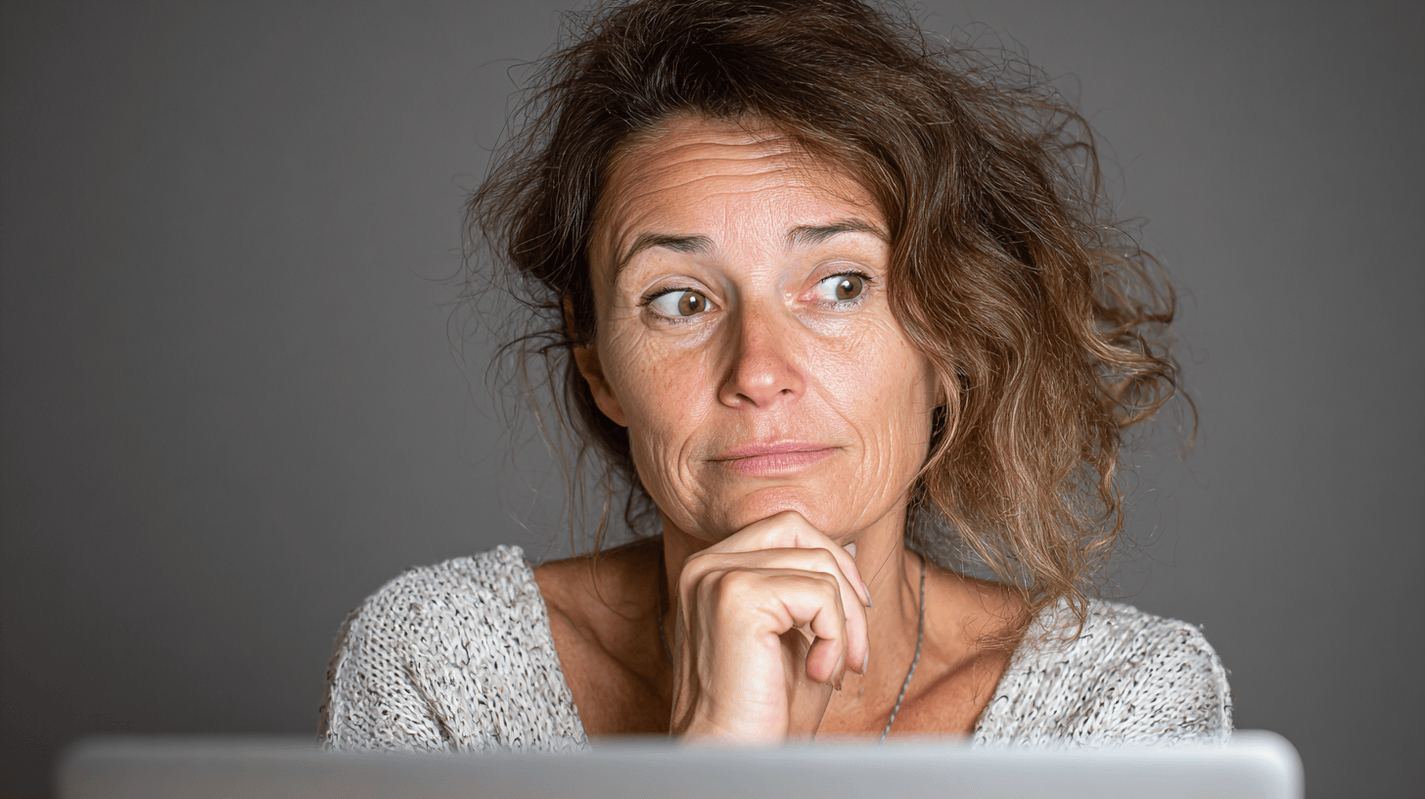 Woman looking curious about her options at her computer
