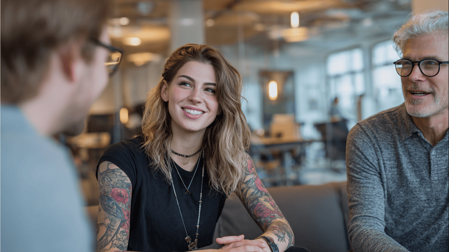 Woman with tattoos talking with her colleagues in the office