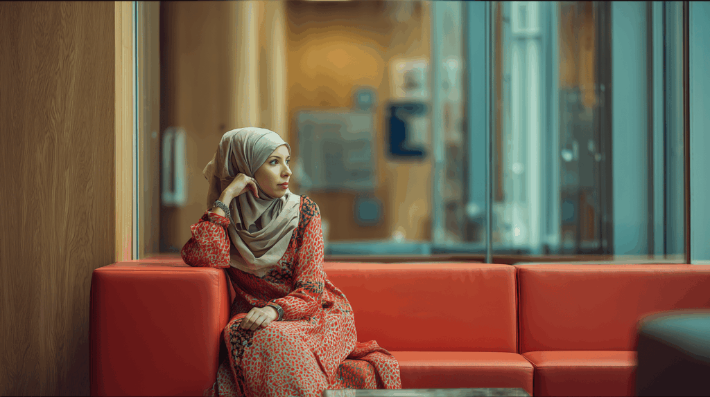 Young Muslim employee sitting on couch in an office
