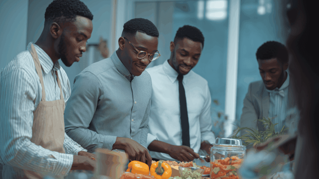 Men eating prepared lunch at work