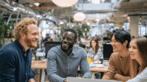 Coworkers in the workplace talking